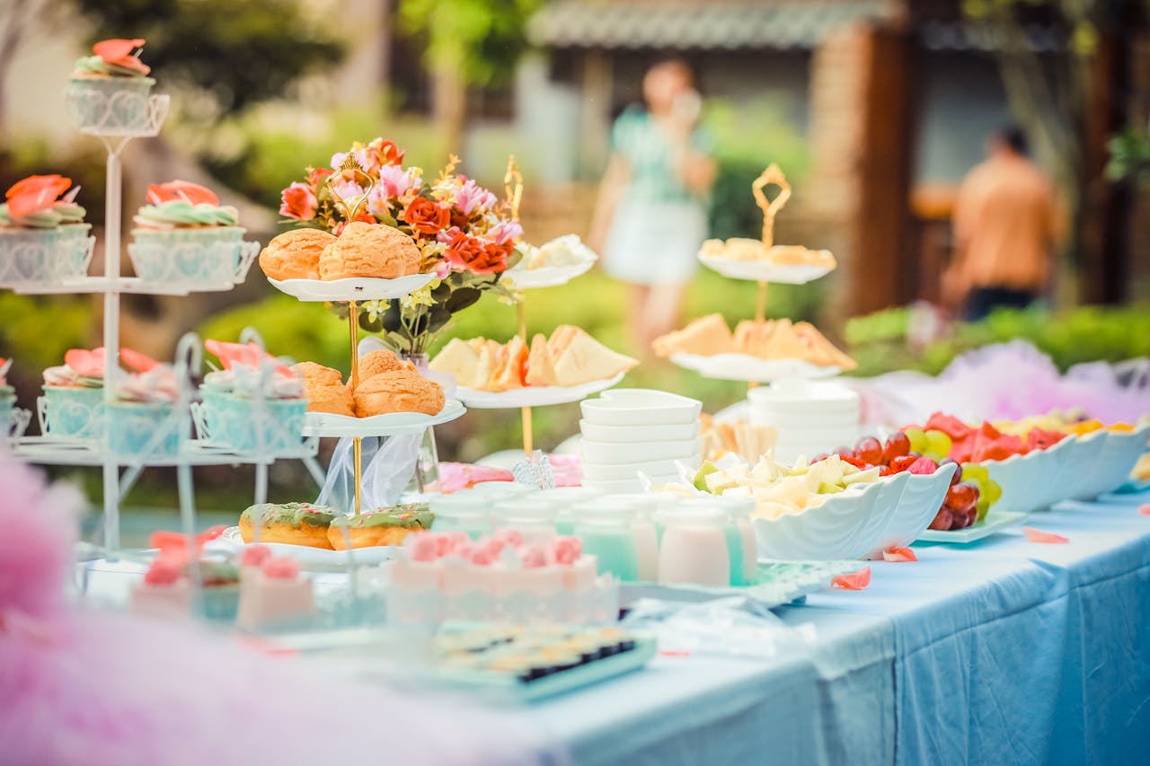 table of cakes on cake stands.